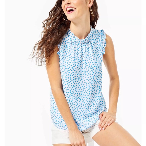 Lilly Pulitzer Tops - Lilly Pulitzer Cambria Top in Zanzibar Blue Lilly’s Dot M Fully Lined Ruffle NEW